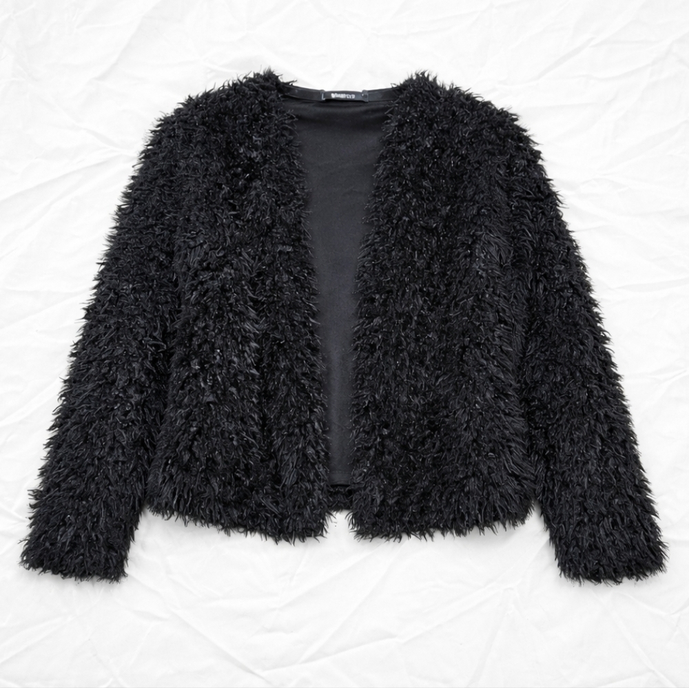 Gina Tricot Black Shaggy Faux Fur Cropped Open Front Glam Chic Cardigan Jacket